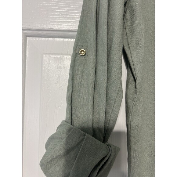 NEW Zara 100% Linen Shirt Womens Small Button Front V Neck Rollup Sleeves Green - Picture 5 of 5